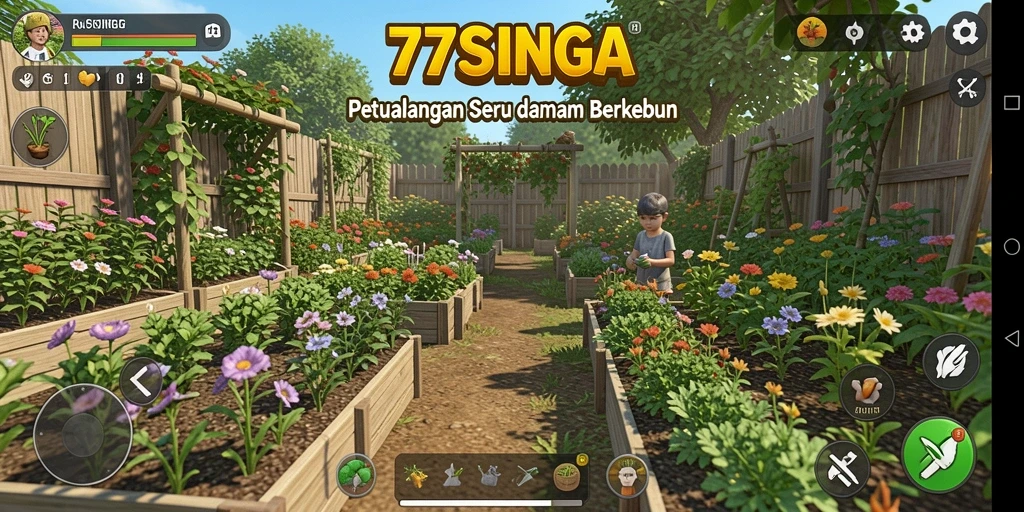 Screenshot gameplay 77SINGA yang menampilkan kebun yang indah dan subur.