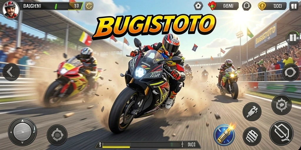 Gameplay seru dari BUGISTOTO dengan motor balap yang cepat.