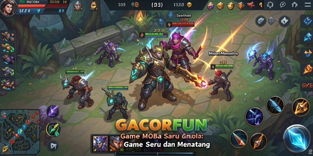 Screenshot GACORFUN menunjukkan aksi pertempuran seru dalam game MOBA.