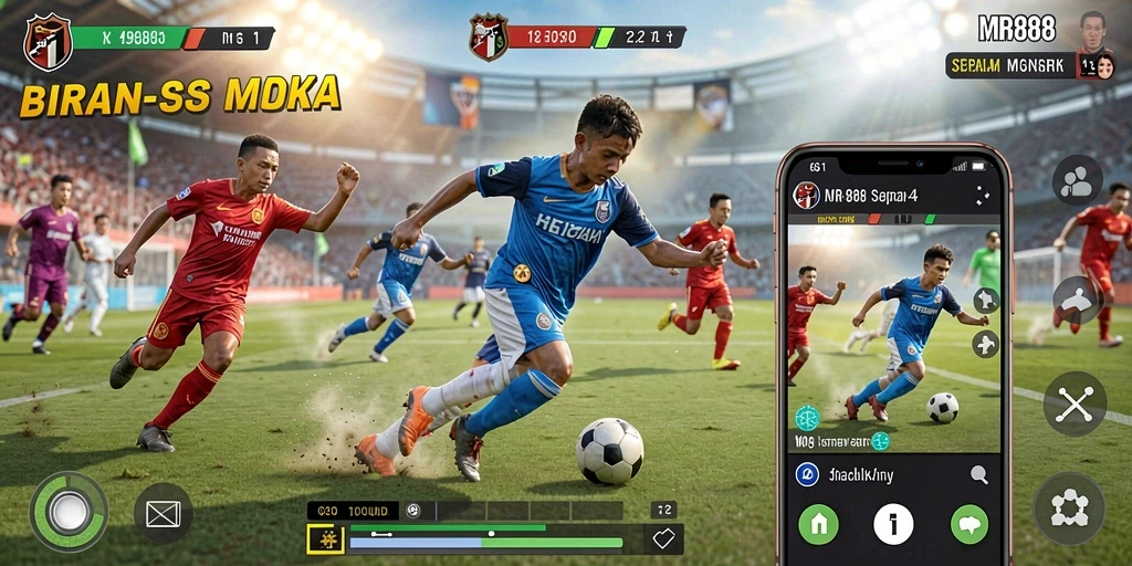 Tampilan gameplay <strong>MR888</strong> menampilkan aksi seru di lapangan sepak bola.