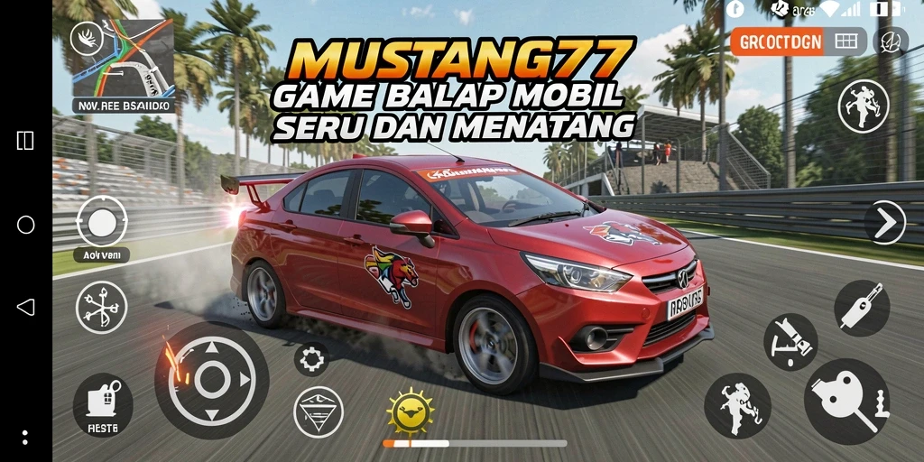 Screenshot gameplay MUSTANG77 menampilkan aksi balapan yang mendebarkan.