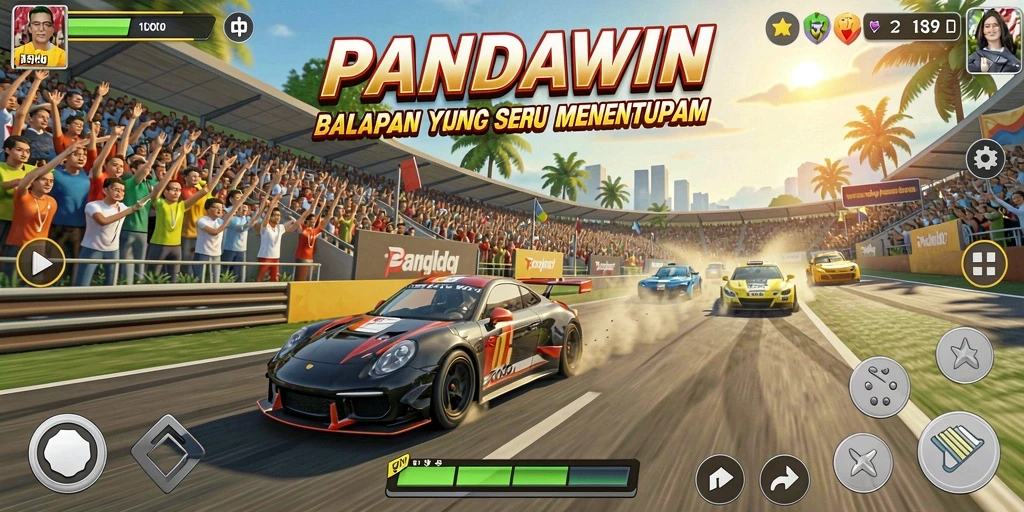 Tangkapan layar gameplay PANDAWIN yang menampilkan aksi balapan seru.