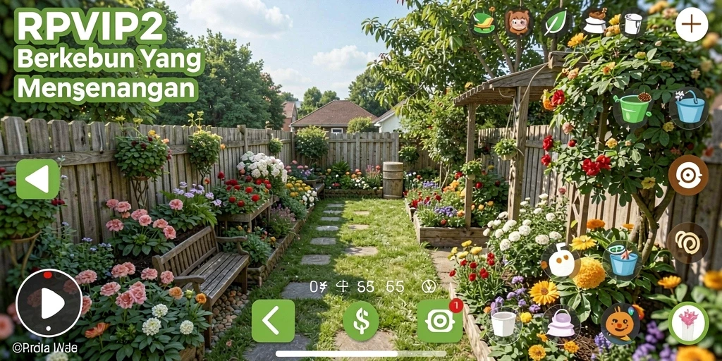 Tampilan gameplay RPVIP2 yang menunjukkan aktivitas berkebun yang dinamis.