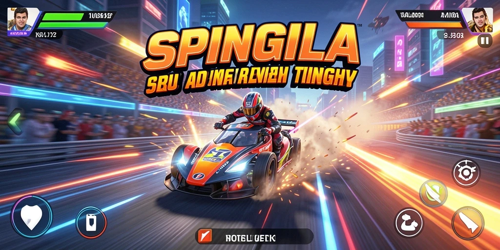 Screenshot utama SPINGILA menunjukkan aksi balapan mendebarkan dengan mobil yang melaju kencang.