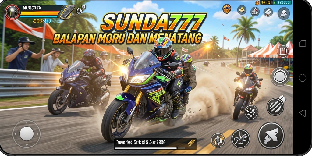 Tampilan gameplay menegangkan dari SUNDA777 dengan balapan motor yang seru.