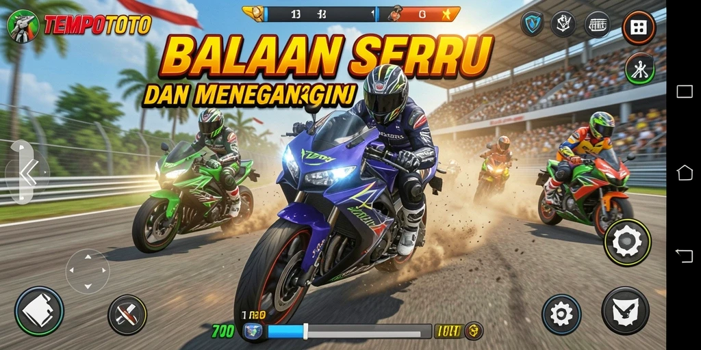 Tangkapan layar utama TEMPOTOTO yang menunjukkan aksi balapan motor yang intens.