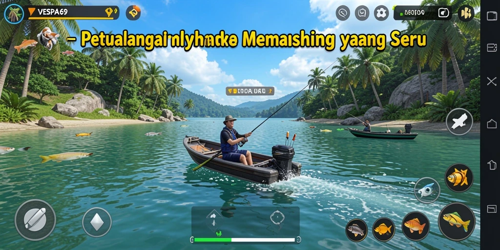 Screenshot VESPA69 menunjukkan aksi memancing yang menarik dan berwarna.